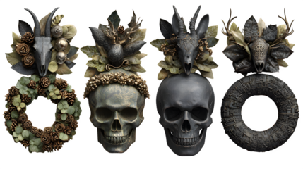 Set of 4 spooky door wreaths, isolated on white background