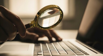 Person holding a magnifying glass over a laptop keyboard in a close up image view