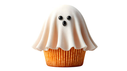 Realistic Halloween cupcake with ghost topper, isolated on white background