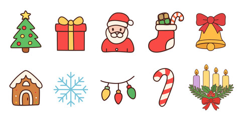 Minimal Flat Christmas Icons Set &mdash; 8 Vector Clipart Illustrations Isolated on White &mdash; Cute Holiday Elements for Cards, Banners, Social Media and Packaging