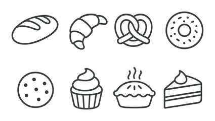 Assorted bakery icons: bread, croissant, pretzel, donut, cookie, cupcake, pie, cake slice