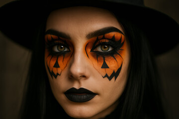 Young woman with pumpkin makeup and black hat for halloween