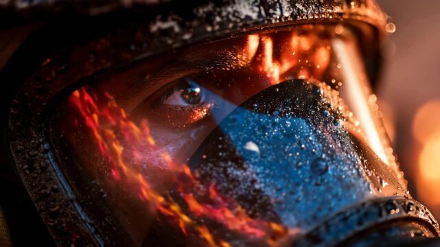 Closeup of Firefighter Face Behind Helmet Visor Reflecting Flames and Heat