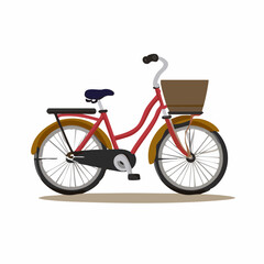 Fototapeta premium Vector illustration of a classic red city bicycle with a front basket and rear rack, isolated on a white background. Flat style design for urban transport concepts