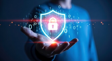 A person holding a glowing shield with a padlock inside surrounded by binary code