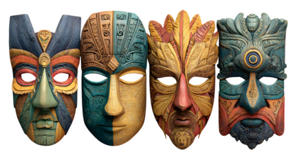 Group of 4 spooky masks with intricate designs, isolated on white background