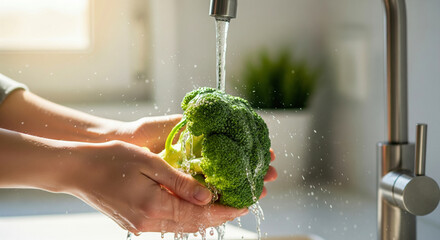 Rinsing a head of fresh green broccoli under a tap in a modern kitchen for a healthy meal