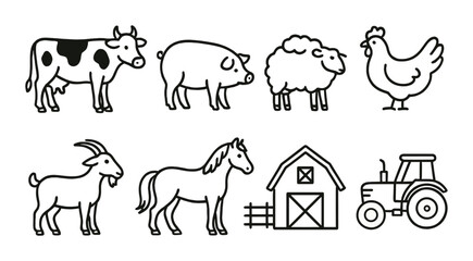 Fototapeta premium Farm animals and equipment silhouette illustration with barn and tractor