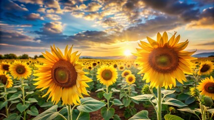 Fototapeta premium Golden Sunflowers Bask in the Warm Glow of a Sunset Over a Vast Field