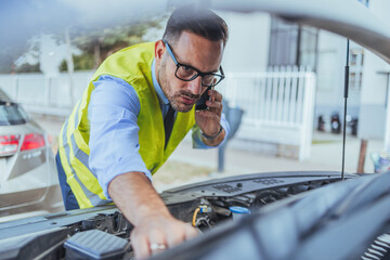 Mechanic Checking Car Engine While Talking on Mobile Phone Outdoors