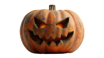Large pumpkin with scary glowing eyes and mouth, isolated on white background