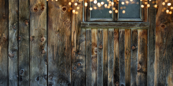 Weathered brown wood texture with golden bokeh lights for a christmas background and decoration with space for text.
