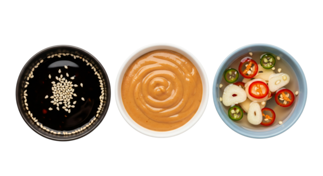 Three bowls of sauces and condiments isolated on transparent background
