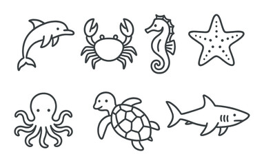 Fototapeta premium Illustrated marine life icons featuring dolphin, crab, seahorse, starfish, octopus, turtle, and shark