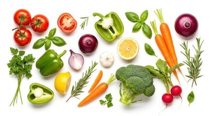 A vibrant flat lay arrangement of fresh, colorful vegetables and herbs, including tomatoes, bell peppers, carrots, broccoli, and various spices, on a clean white background.