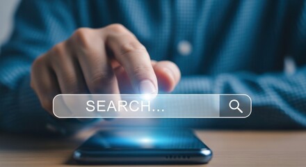 A person using a smartphone to search with a glowing search bar interface overlayed