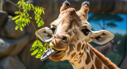 Close-up of a giraffe extending its long purple tongue to pluck fresh green leaves from a branch, showcasing its unique feeding behavior and striking features.