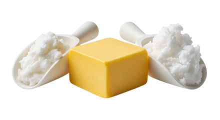 Block of butter and two scoops of coconut oil isolated on transparent background