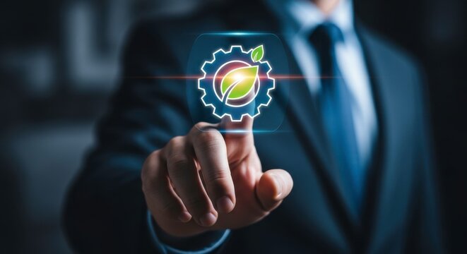 Businessman touching a green technology icon with a gear and leaf illustration