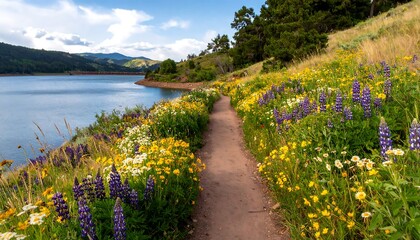 Scenic path along a vibrant flower-filled lakeshore