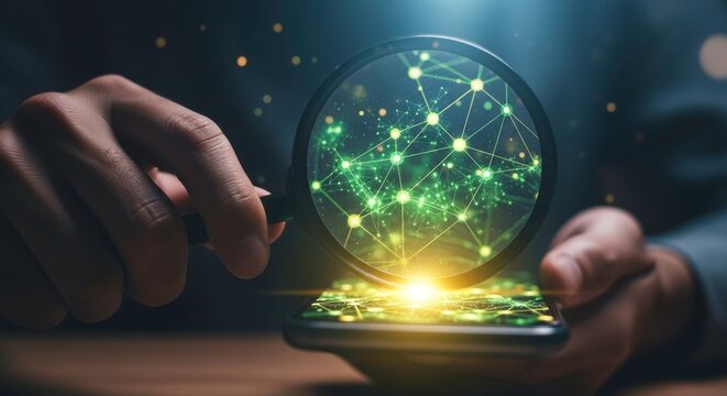 Person holding magnifying glass over smartphone displaying network connection graphic