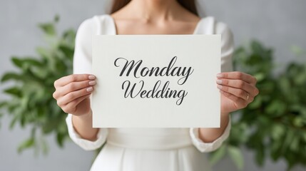 weekday wedding vibes Bride holding a sign that reads "Monday Wedding" amidst a backdrop of greenery.