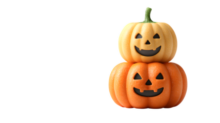 Two stacked jack-o-lanterns glowing in different colors, isolated on white background