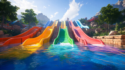 A set of colorful water slides in an outdoor aquapark