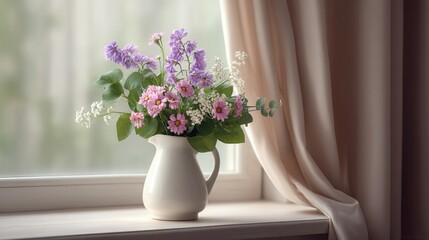 weekday wedding vibes A vase with colorful flowers sits on a windowsill, enhancing the serene indoor atmosphere.