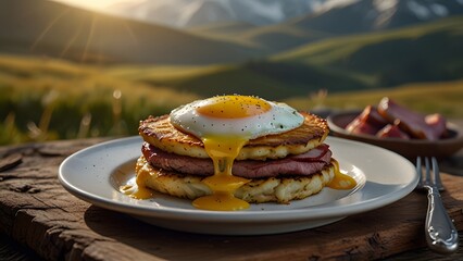 hearty breakfast pancakes ham egg outdoors mountain view