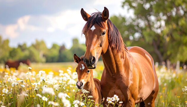 A heartwarming scene of a mother horse and her foal in a meadow filled with wildflowers, bathed in warm sunlight.