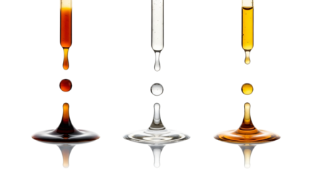 Three colored liquids dripping from pipettes isolated on transparent background