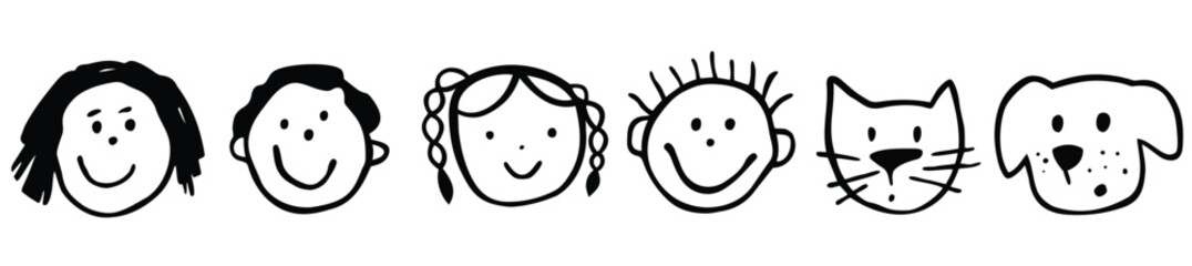 Childlike doodle-style illustration of smiling family faces. Mom, dad, girl, boy, baby, kids, cat, and dog. Drawn as if by a child. Playful and simple black line art in a minimalist, hand-drawn style.