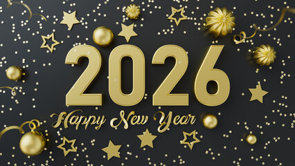 Elegant New Year 2026 background with golden numbers, stars, confetti, on dark backdrop. Perfect for holiday greetings, banners, posters, and seasonal advertising. 3d rendering illustration not AI