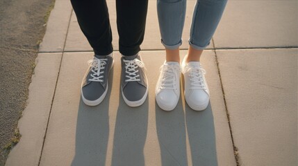 weekday wedding vibes Two pairs of sneakers standing side by side on a sunlit sidewalk.