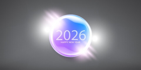 2026 Happy new year horizontal banner background and 2025 greeting card with text. vector 2026 new year sticker, label, icon, logo and badge isolated on stylish grey background