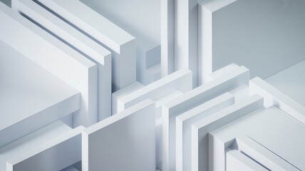 Abstract geometric composition of overlapping white planes and sharp angles creating a modern architectural aesthetic