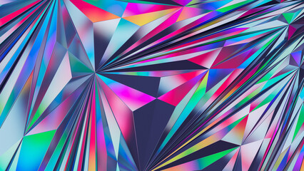 A vibrant, abstract background with a holographic geometric pattern. Features sharp, crystalline shapes in a dynamic mix of iridescent colors. 3d rendering illustration not AI