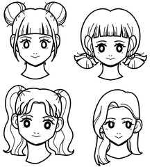 Hand-drawn Female Portrait Line Art Minimalist Style with Diverse Hairstyles
