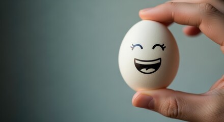 A hand holding a white egg with a drawn smiling face against a blurred background