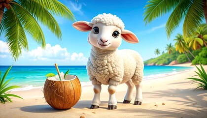 Adorable Lamb Enjoying a Refreshing Coconut Drink on a Tropical Beach