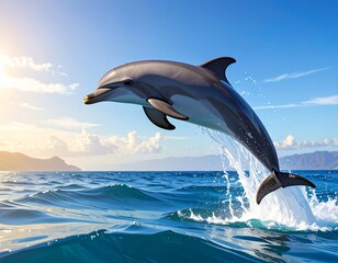 Fototapeta premium Dolphin leaps from the ocean, sunlight reflecting on its sleek body, showcasing marine life