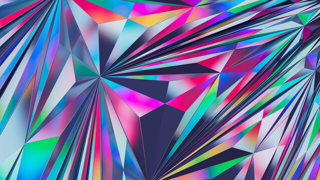 A vibrant, abstract background with a holographic geometric pattern. Features sharp, crystalline shapes in a dynamic mix of iridescent colors. 3d rendering illustration not AI