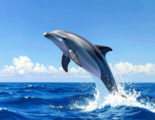 Obraz premium Majestic marine mammal, a beautiful dolphin, leaps with grace from the ocean's sparkling waves
