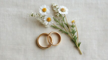 weekday wedding vibes Delicate wedding rings beside white flowers on a textured background.