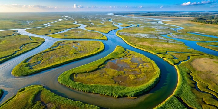 Aerial View of a Serpentine River System Meandering Through Lush Green Marshlands Under a Bright Sunny Sky