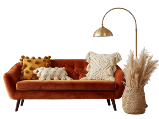 Elegant living room interior with a stylish sofa, decor pillows, and a standing lamp isolated