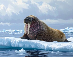Naklejka premium Majestic Walrus Resting on an Ice Floe in the Arctic Ocean Under a Dramatic Sky