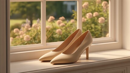 weekday wedding vibes Elegant high-heeled shoes resting on a windowsill with a garden view in the background.