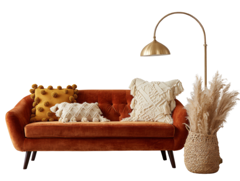 Elegant living room interior with a stylish sofa, decor pillows, and a standing lamp isolated